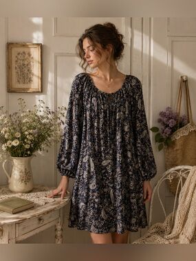 Chloe + Rene Navy & Cream Paisley Relaxed Boho 1/4 Sleeve Flowy Dress Large